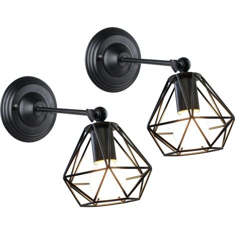 Apliques de Pared Vintage Lámpara de Pared de Jaula de Diamante, Interior Iluminación E27 para Pasillo Escalera Dormitorio Negro 2 Piezas (1/5)