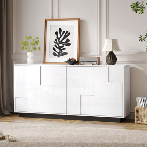 MEUBLIV Sideboard 160 x 37 x 75,5 cm, Weiß und Schwarz, 4 Türen, Hochglanz (1/5)