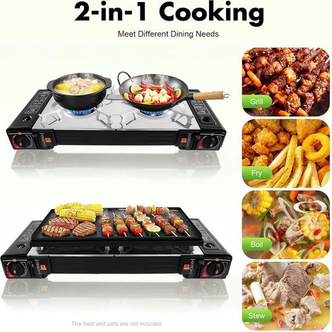 Poêle de camping extérieur portable avec plaque de cuisson et valise - poêle à gaz extérieur haute puissance avec 2 brûleurs pour arrière - Cour, camping, barbecue de plage et pique - nique (1/5)