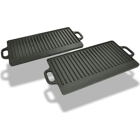 Lot de 2 plaques de cuisson en fonte réversibles – Surface lisse et nervurée 38x23 cm – Compatible four, anti-adhésif (1/5)