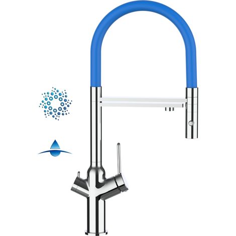 4 Wege Wasserhahn Kueche Spueltischarmatur Verchromt Kuechenarmatur mit Blau 360 schwenkbarem Auslauf und abnehmbare 2 strahl Handbrause - BOD Design