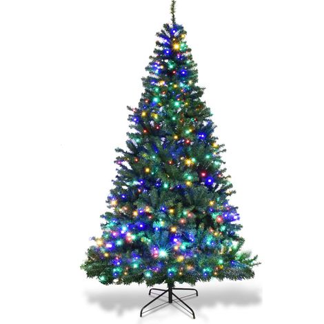Costway – Sapin de Noël artificiel 210 cm – Lumières LED multicolores 11 modes – Pied en métal – Matériau PVC – Arbre décoratif vert (1/5)