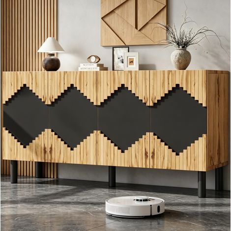 Credenza contenitore 140x40x70 cm con 4 ante a pressione, ripiani, in MDF e truciolato, colore nero naturale (1/5)
