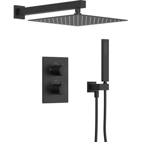 EVERSTEIN Thermostat Unterputz Duschsystem Quadratisch Matt:  Schwarz 12-Zoll Regendusche Edelstahl Komplettset 38-Grad Verbruehschutz Wandmontage Duscharmatur G1/2 Brausegarnitur Modern Bad Einbauset