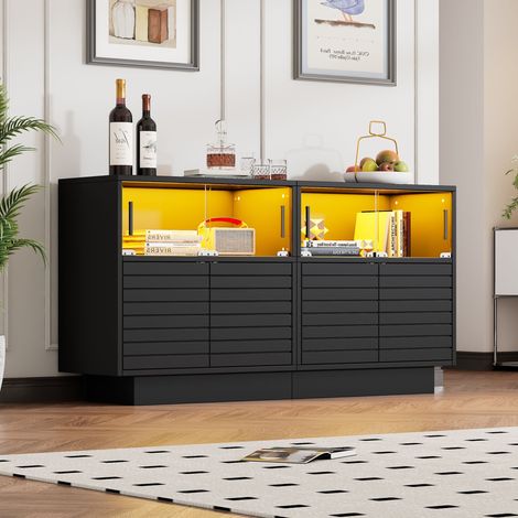 MODFU – Buffet 130x35x68 cm – Portes vitrées coulissantes – LED USB – Noir (1/5)