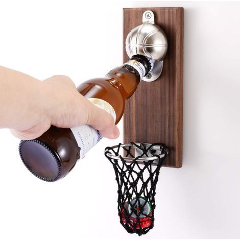 Ouvre-bouteille mural en bois avec récupérateur de capsules pour réfrigérateur - Décoration bar et cadeau pour amateur de bière (1/5)