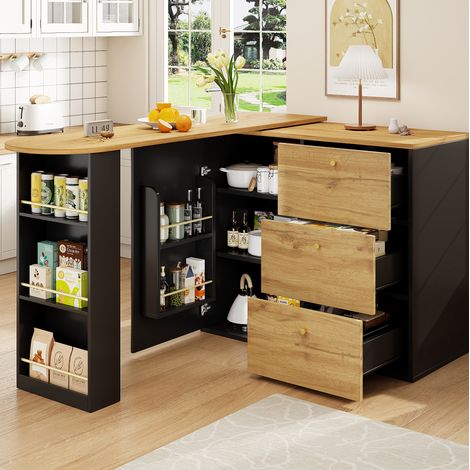 Ausziehbarer Bartisch mit Stauraum(138-204×39×104cm) , 360° drehbare Essbar,Moderner Beweglicher Bar Table,Hochtisch Kücheninsel Bistro Table, Sideboard mit Holzmaserung (1/5)