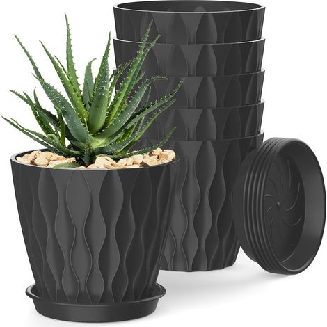 Pack de 6 Macetas de 10 cm (4") - Maceteros Negros para Plantas de Interior con Agujeros de Drenaje y Platos, para Orquídeas, Violetas, Suculentas y Hierbas (1/5)