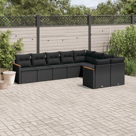 Ensemble de jardin 9 places noir résine tressée avec coussins - Salon modulaire canapés d'angle et central acier enduit poudre (1/5)