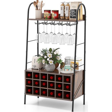 Botellero extraíble 63 x 32 x 114 cm para 18 botellas y 15 copas diseño contemporáneo en madera y metal color café 200020019