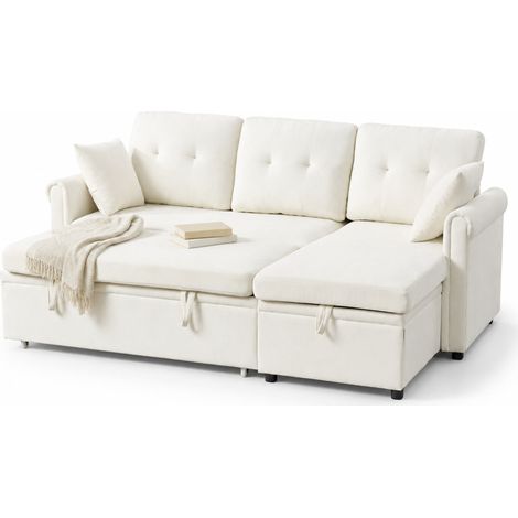 Canapé d’angle convertible avec coffre en chenille beige, réversible, 206 x 130 x 85 cm (1/5)