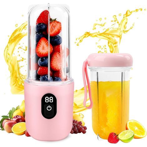 Mixeur portable - Presse-agrumes électrique portable avec affichage numérique - Batterie de 1500 mAh - Utilisation sans fil - Tête de coupe SUS 16 feuilles - Haute vitesse - Pour voiture/camping (1/5)