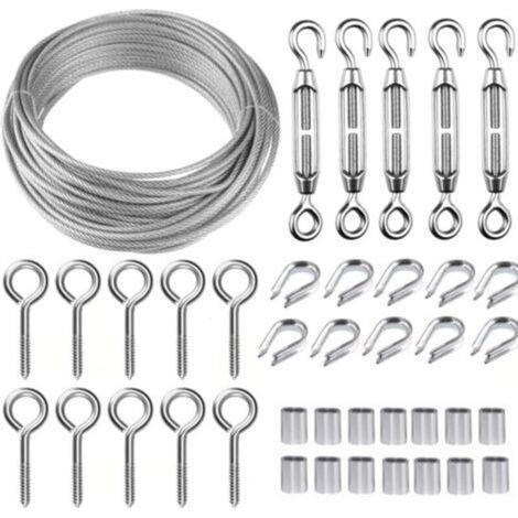 Kit de câble métallique en acier inoxydable de 30 m/2 mm avec tendeur de fil robuste M5, kit de rouleau de fil de clôture, kit de garde-corps de câble, tendeurs de fil de jardin pour plantes grimpante (1/5)