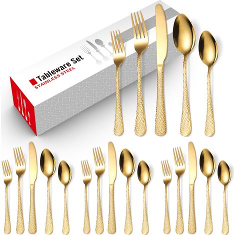 LOLLANDA Ensemble de couverts 20 pièces en acier inoxydable martelé, comprenant couteau, fourchette et cuillère. Compatible lave-vaisselle. dorée. (1/5)