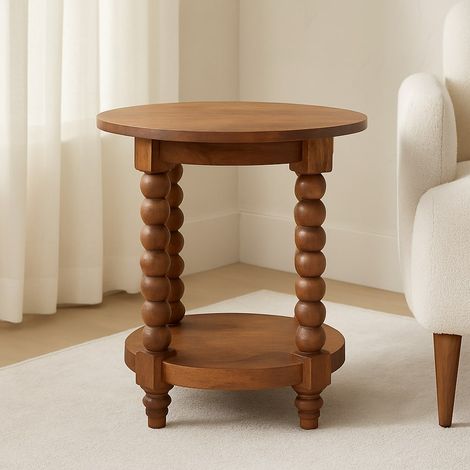 Table d'appoint ronde torsadée orge en bois massif, 1 étagère inférieure, Brun lisse