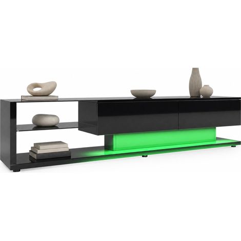 Meuble TV bas noir brillant avec LED, 2 tiroirs et 2 étagères en verre, 170 cm, panneau de particules, CHICFURN (1/5)
