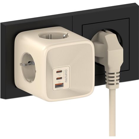 Chargeur USB Murale Prise, Multiple 4 Prises avec PD33W 2 USB C Secteur et 1 Type A Chargeur Rapide, Adaptateur USB Multiprise Cube 7 en 1 pour Domicile Bureau Voyage, Beige (1/5)