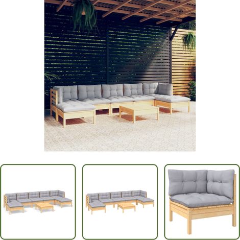 Holzgartenmöbel - 8-tlg. Garten-Lounge-Set mit Grauen Kissen Kiefernholz (1/5)