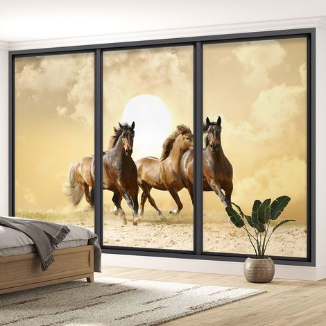 Papier peint panoramique Trompe l'oeil baie vitrée - Chevaux - 130 cm x 78 cm (1/5)