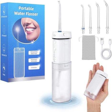 Jet Dentaire Hydropulseur et Irrigateurs Oral,Étanche IPX7  5 Modes de Pression d'eau,Hydropulseur Portable with Jet,Réservoir 175ML,3 Embouts Remplaçables,Nettoyage Dents Jet D'eau (1/5)