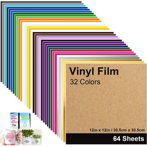 64 Feuilles Vinyle Adhésif 32 Couleurs Vinyl Adhesif Permanent 30,5 x 30,5 cm Papier vinyle adhesif pour Tasses Verre Céramique Cadeaux de Bricolage Noël (1/5)