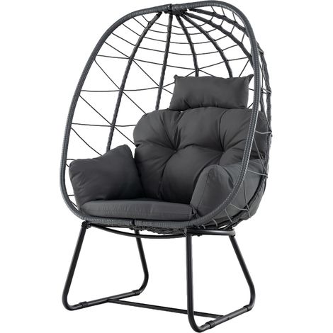 COSTWAY Fauteuil Oeuf sur Pieds avec Support en Métal, Hamac Balançoire sur Pied en Rotin PE avec Coussin Épais et Appui-Tête, Chaise Hamac pour l'Intérieur et l'Extérieur, Charge 150 KG (Gris)