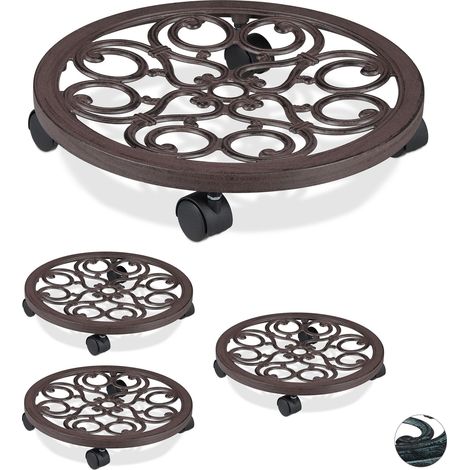 Support roulant plantes rond, lot de 4, en métal, plateau roulant pots à fleurs, aspect antique, brun