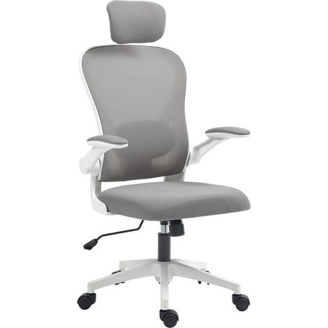 Chaise de bureau grise en maille avec hauteur réglable, appui-tête et soutien lombaire ajustable, ergonomique
