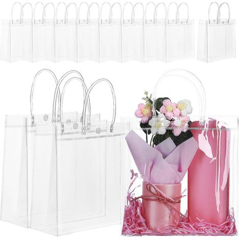 Lot de 12 sacs cadeaux transparents, sacs à dragées, sacs fourre-tout transparents, sacs à friandises, sacs d'emballage réutilisables avec poignées-20.00X20.00X8.00CM-Transparent (1/3)