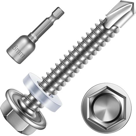 Lot de 25 vis auto-taraudeuses 5,5 x 38 mm - Vis auto-taraudeuses à tête hexagonale en acier inoxydable - Vis à tôle trapézoïdale avec rondelle d'étanchéité et clé à douille hexagonale (1/5)