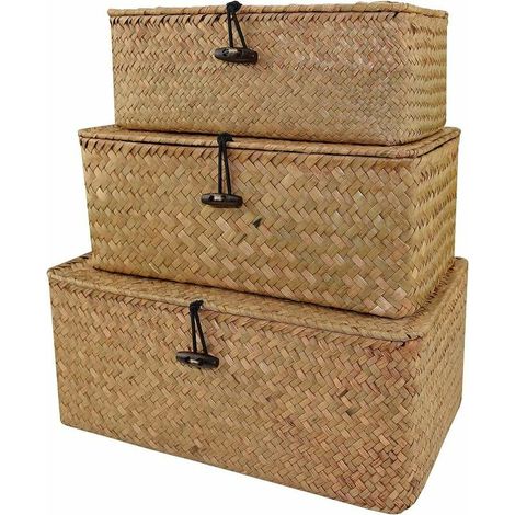 Panier Rangement Osier, Naturel Corbeille Osier, Panier Tressé Panier de Rangement en Osier avec Couvercles Jonc de Mer Buanderie Rotin Organisateur Boîte pour Salle de Bain Salon Cuisine 3 Pi (1/5)