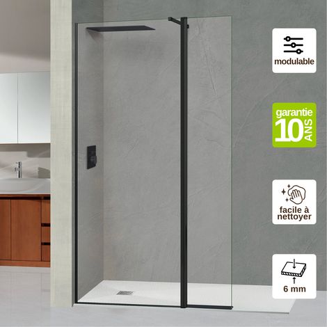 Paroi de Douche Fixe avec Déflecteur Droit – Verre Trempé Transparent 6 mm Anti-calcaire - L(83+32)115H195 cm - noir mat - Alsace Sport + SUPERBAN (1/5)