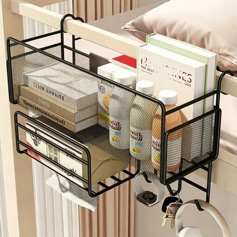 JSSEVN - Bedside Organizer, Double Layer Hanging Shelves, Metal Storage Basket, Bed Pocket with Hooks for Dormitories, Magazine, Phone (Black) (1/5)