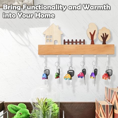 Elegant Wooden Key Holder for Wall with 6 Sturdy Hooks, Versatile 4-Way Mounting for Home, Hallway, Bedroom Decor. White
