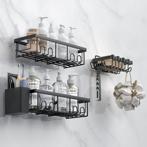 3 Pack Noir Rangement Salle de Bain Porte Savon Douche en Acier au Carbone (1/5)