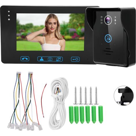 Sonnette vidéo filaire WIFI 7 pouces HD écran couleur, interphone visuel avec vision nocturne IR, étanche, compatible application à distance, 110-240V prise UK. (1/5)