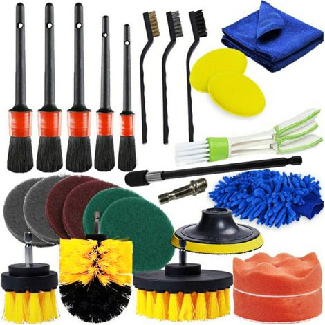 Kit per la pulizia dell'auto da 26 pezzi, accessori per trapano, spugne, spazzole, guanto, panno (per uso domestico)