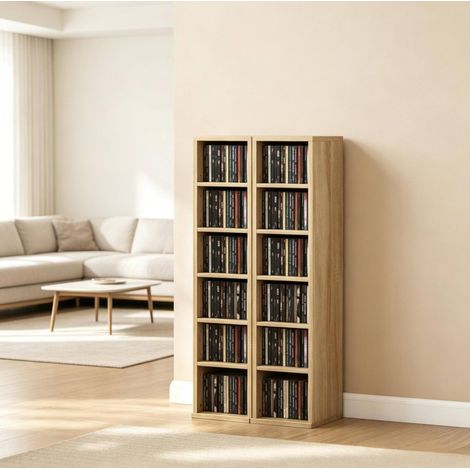 Mueble para CD de 2 piezas, 12 compartimentos, 204 CD, 21 x 22,5 x 88,5 cm, roble HAVRYA (1/5)