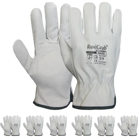 Pack 6 paires Gant de travail, cuir fleur naturel, résistance mécanique et thermique, poignet élastique, pour jardinage et construction (1/5)