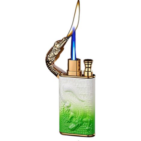 Briquet à double flamme Crocodile-Relief Magics, coupe-vent, rechargeable au butane, en métal, idéal pour le camping et les bougies. Couleur : B (1/4)