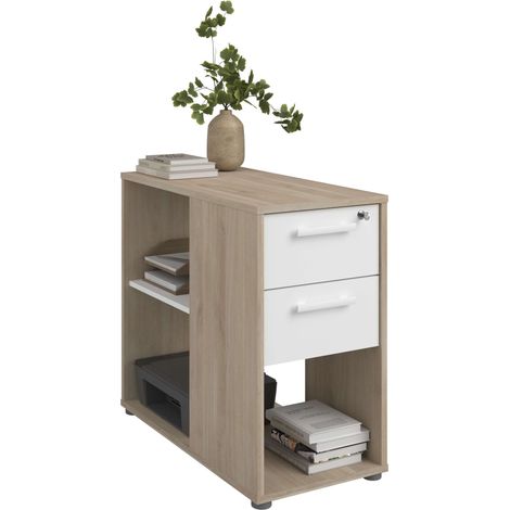 Cajonera de Oficina, Cajonera Escritorio, Archivador Veltis 2 Cajones, Cerradura Roble Japonés y Blanco 39,4x73x80 cm