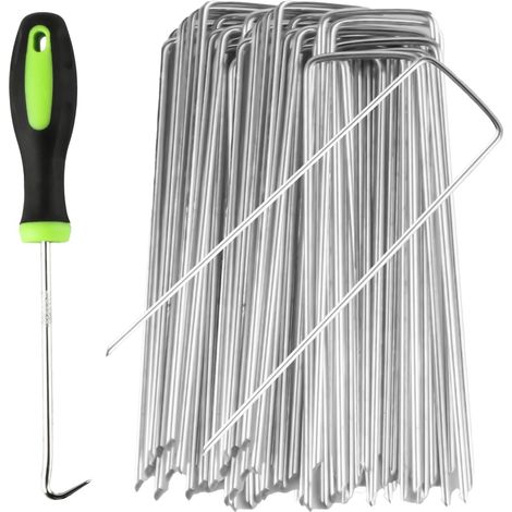 20 x Piquets de jardin en métal lourd en forme de U pour désherbage, trampoline et gazon artificiel. (1/5)