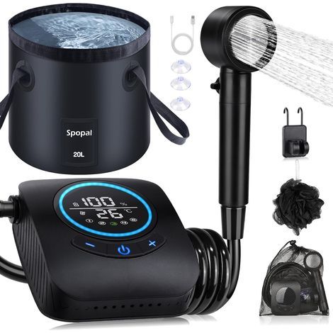 Camping Douche Portable, [Imperméable] Kit Douche de Camping,Rechargeable,8000mAh, avec Seau Pliable 20L,Afficheur Intelligent et Pomme de Douche 5 Modes pour Extérieure,Camping (1/5)