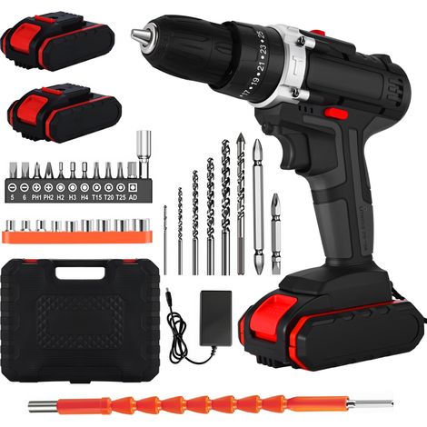 Perceuse électrique 21 V, couple de 25 N.m, mandrin 3/8", 30 accessoires inclus, 2 vitesses réglables (1/4)