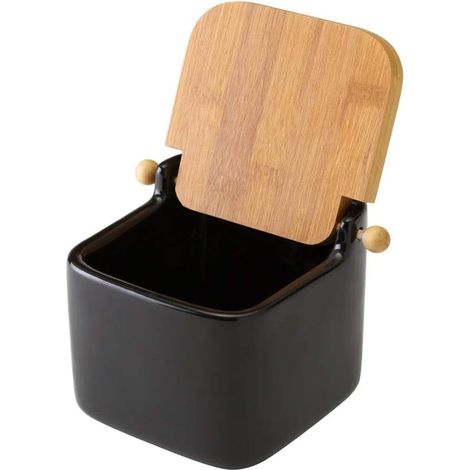 Barattolo Ceramica Tappo Legno Bambu Sale Zucchero Caffe Saliera 0,7lt Nero (1/5)