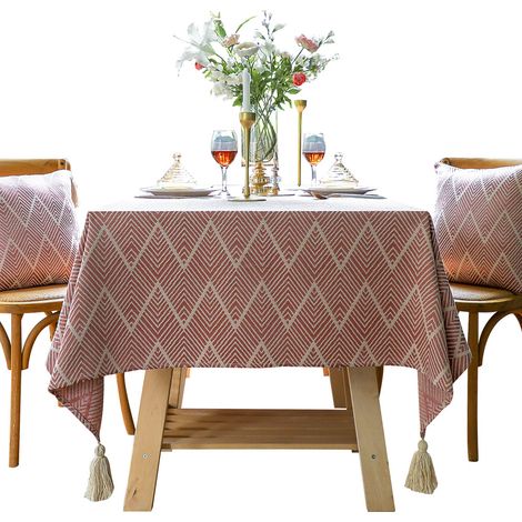 Nappe rectangulaire américaine légère et luxueuse, nappe à franges en coton et lin, serviette de table basse, rayures décoratives en tissu (rose, 135200) (1/5)