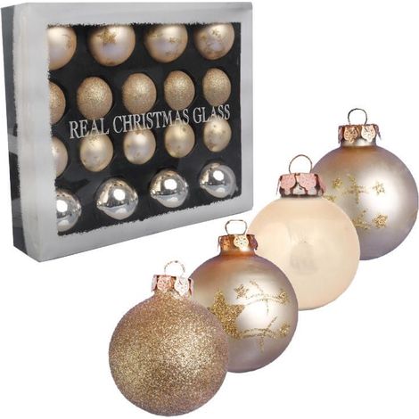 Elegante set di 18 palline di vetro color champagne con finitura opaca, lucida e glitterata. (1/5)