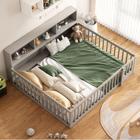 Tagesbett 140/200 cm grau aus Kiefernholz und MDF mit Stauraum und Rundumgeländer (1/5)