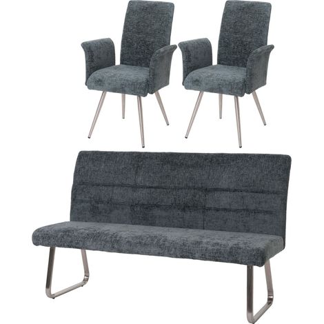 [NON UTILIZZATO] Set sala da pranzo HHG-221, 2 sedie con braccioli + panca 180cm, acciaio inox stoffa/tessuto ciniglia, blu-verde