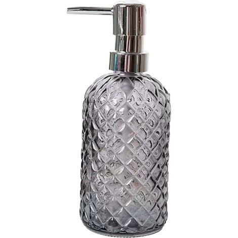 Distributeur de savon liquide en verre gris avec pompe en acier inoxydable, rechargeable et orné de pierres précieuses, idéal pour la maison, la cuisine et la salle de bain. (1/5)